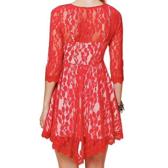 Free People Cherry Red Floral Mesh Lace 3/4 Sleeve Mini Bodycon Dress Size 0 - Picture 3 of 12